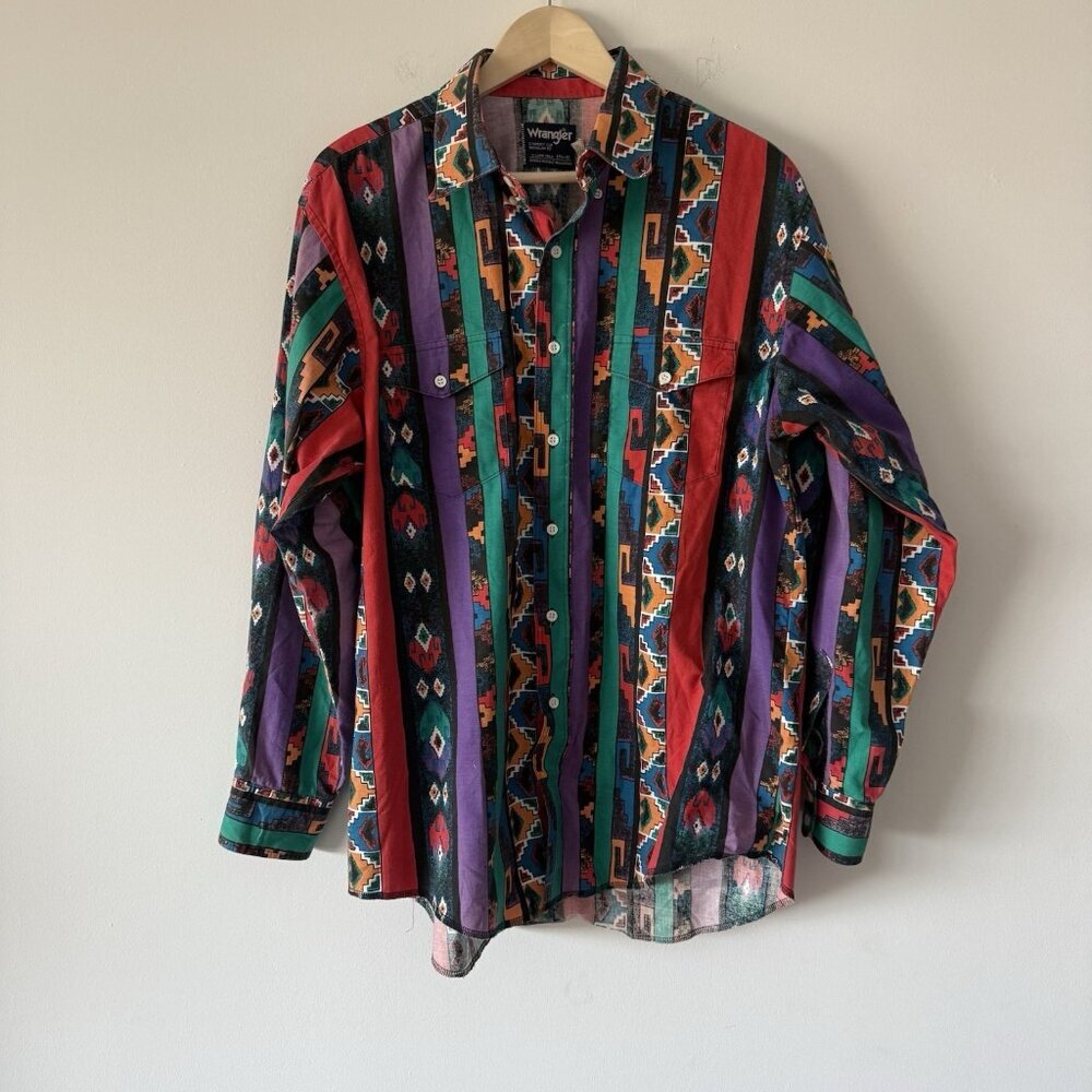 VTG Wrangler Western Aztec Button Shirt USA MADE 17.5 XL Long Tail Southwestern